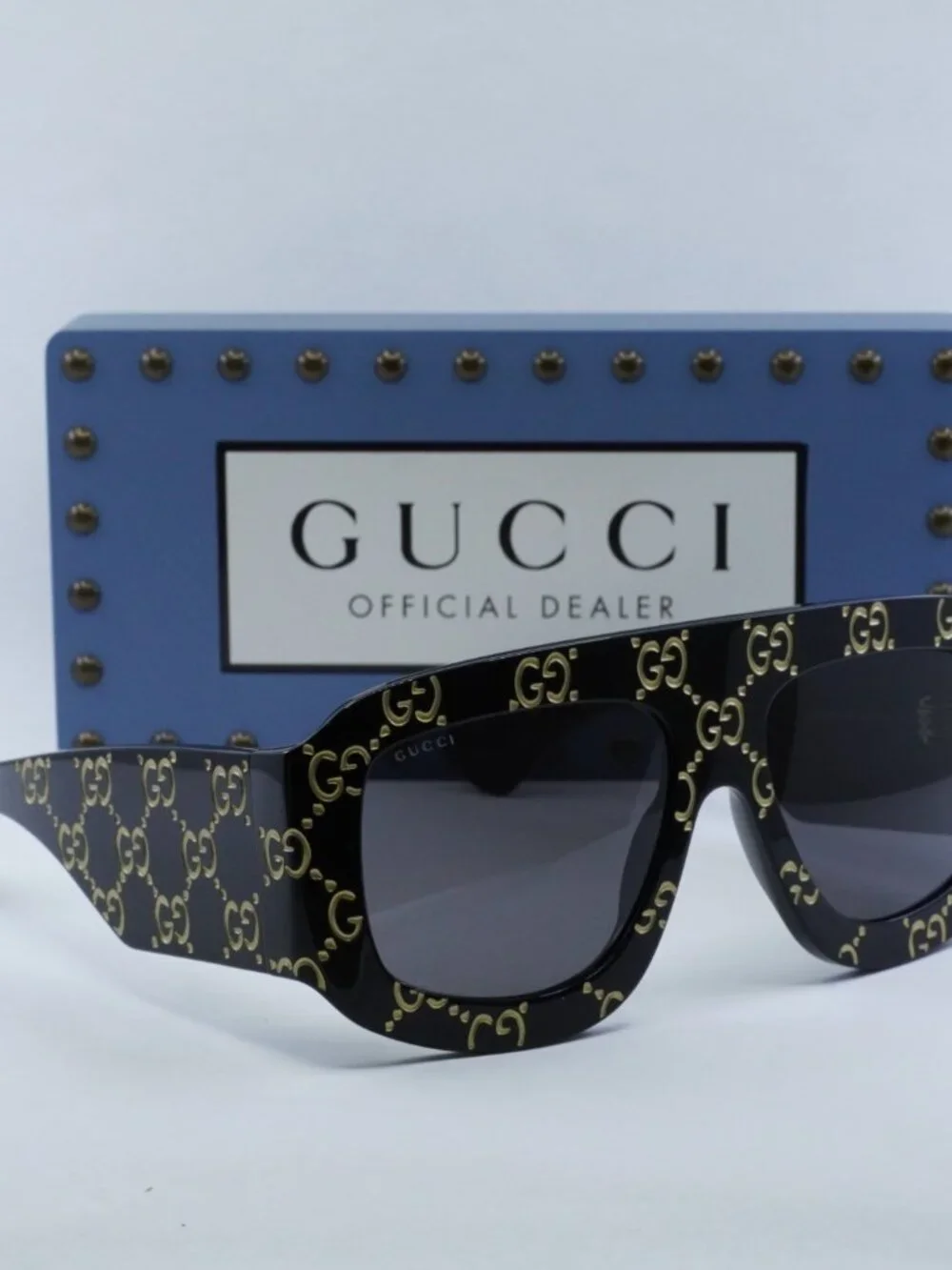 Gucci GG0983S 004 Square Sunglasses - Black With Gold GG Pattern\Grey